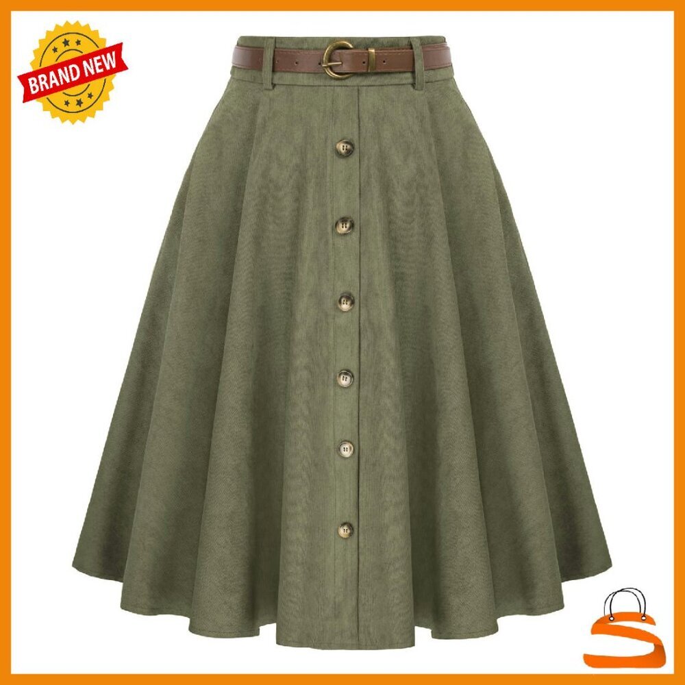 Vintage Stretch Corduroy Skirt High Waist A-Line Midi with Pockets